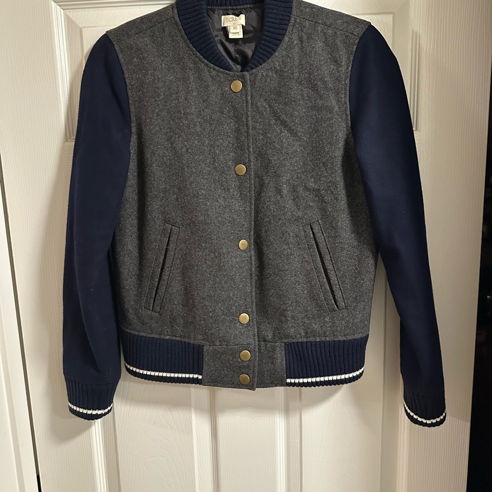 EUC J. Crew Factory Wool Gray & Navy Varsity jacket women’s size XS